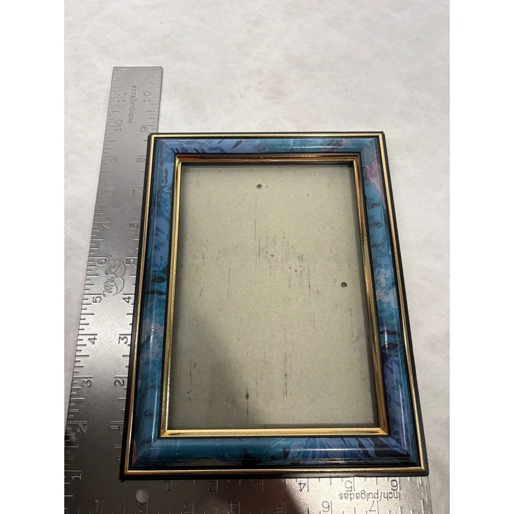 Vintage Blue Marbled Picture Frame Gold Trim Glass Tabletop 4x6 Photo Frame